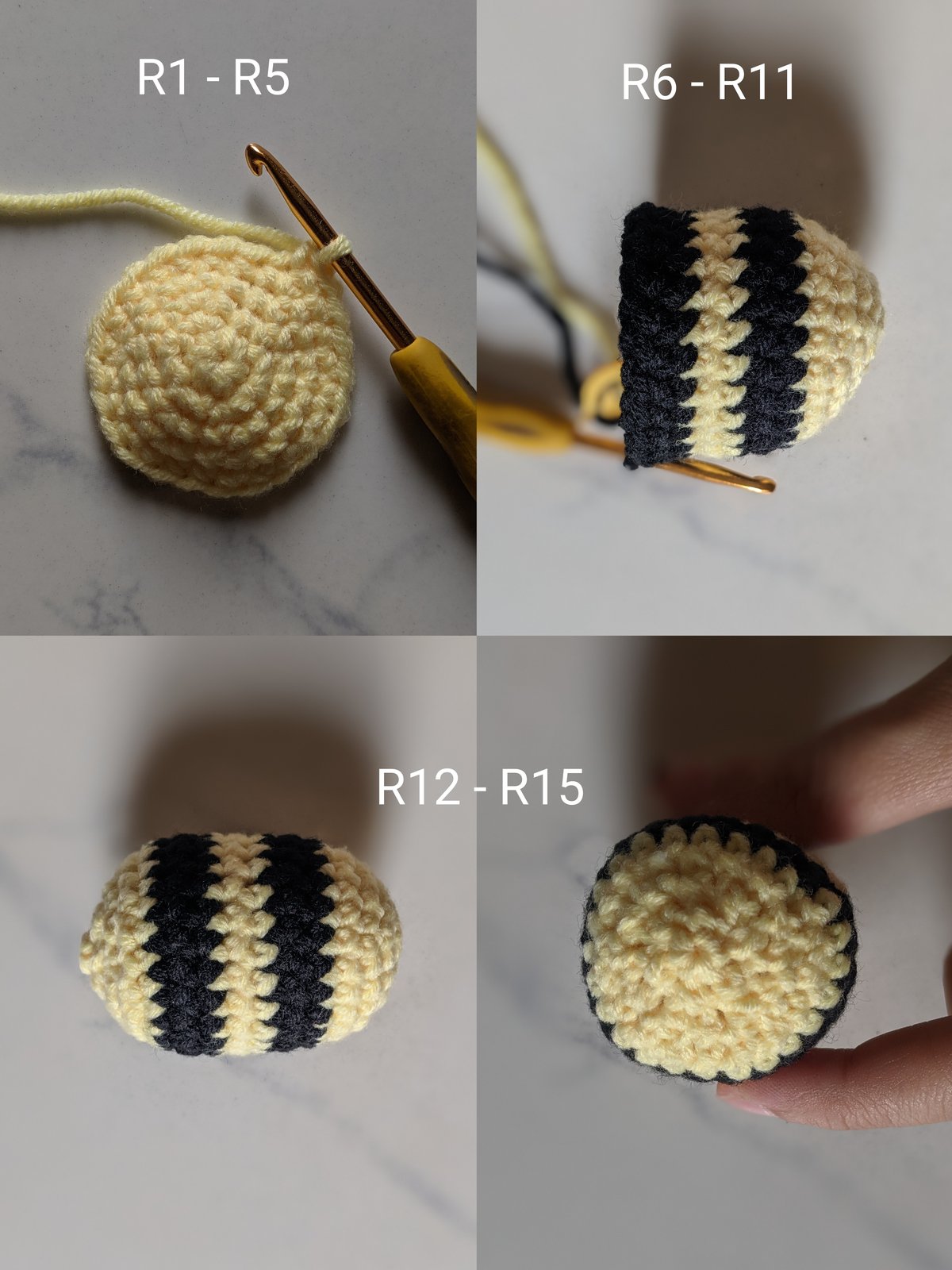 Three-panel photo guide showing the body rounds of the bumble bee crochet pattern: the yellow magic-ring base after rounds 1 to 5, the striped body after rounds 6 to 11 with two black stripes worked, and the closed body after rounds 12 to 15