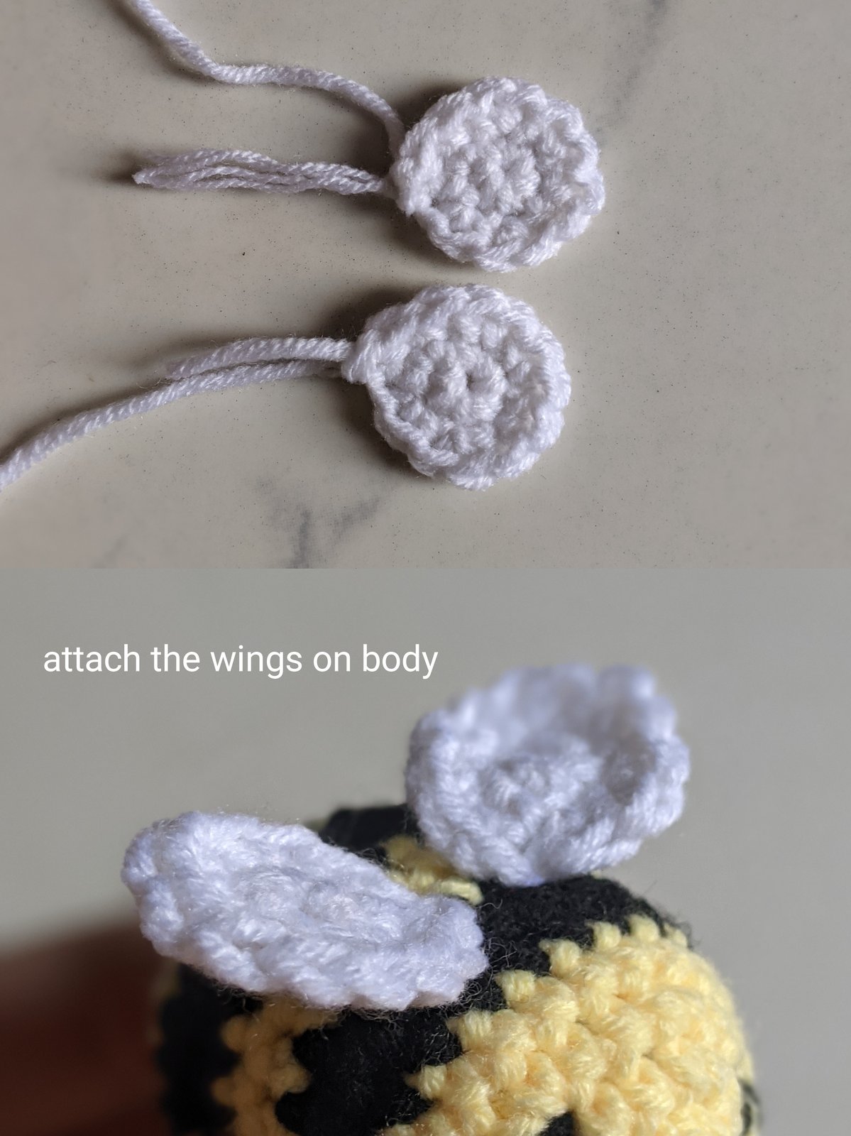 Two-panel photo of the bumble bee wings: two small white crocheted circles with long tails ready to attach, and the same wings sewn onto the top of the striped yellow and black body
