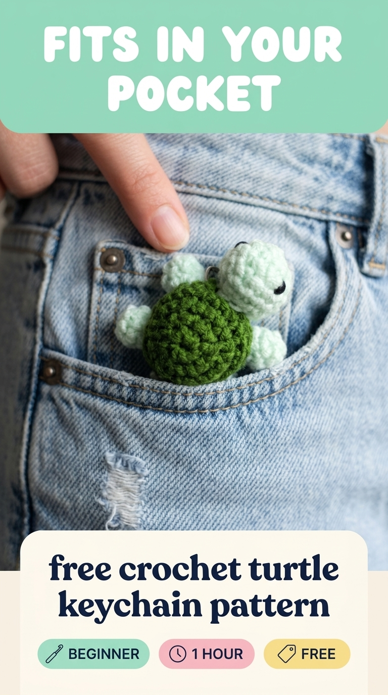 A small green crochet turtle keychain held in a hand for scale