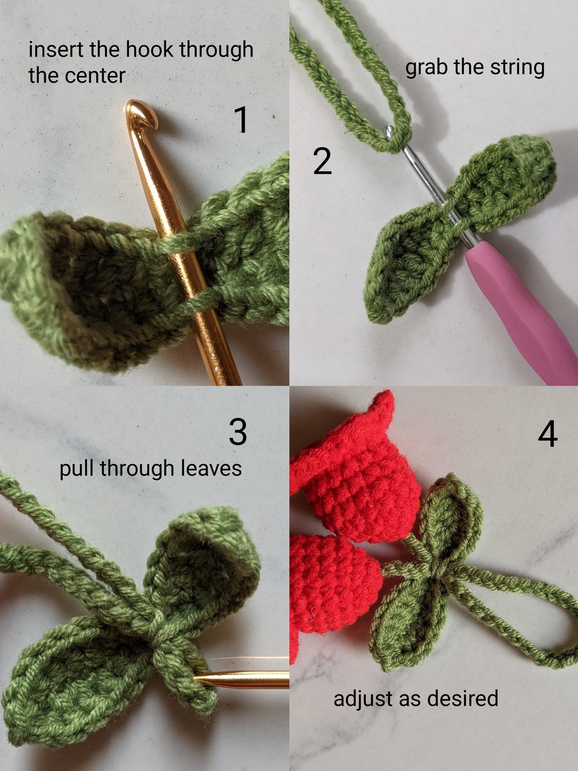 Four panel assembly photo guide of the lily of the valley bag charm: inserting the hook through the leaf center, grabbing the green string with the hook, pulling the string through the leaf, and the finished assembled charm with adjusted leaf position