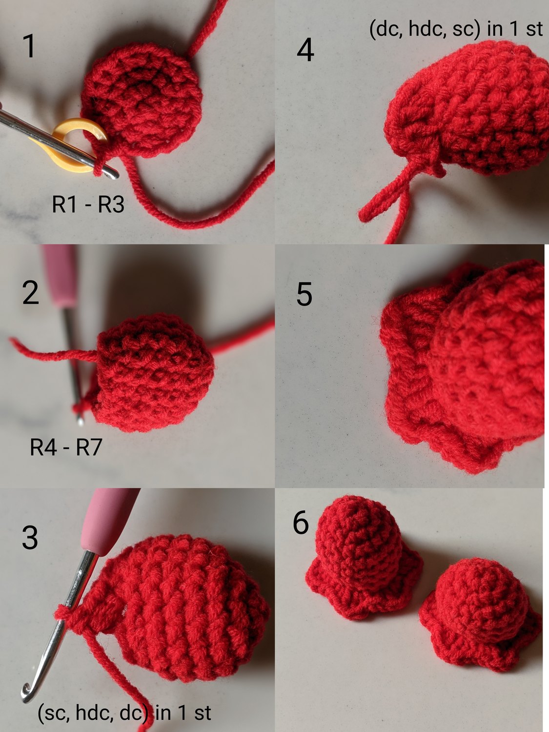 Six panel photo guide of the lily of the valley flower rounds: magic ring base R1 to R3, dome shape R4 to R7, single petal sc-hdc-dc combo, second petal dc-hdc-sc combo, finished petal flare, and two completed bell-shaped red flowers