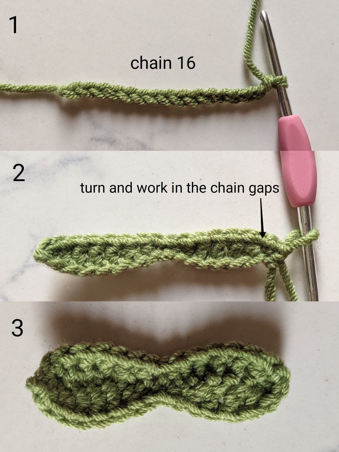 Three panel photo guide of the lily of the valley leaf: 16 chain starting row, working back along the chain in sc-hdc-3 dc-hdc to form one leaf side, and the finished oval double-leaf shape