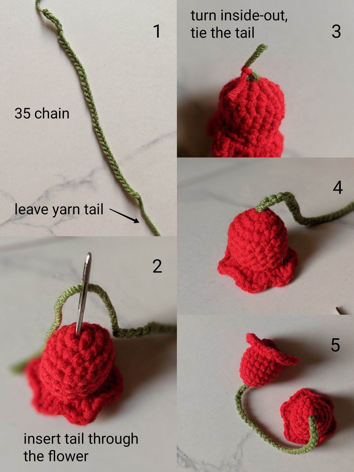 Five panel photo guide for the lily of the valley string: 35-chain green cord with yarn tail, threading the tail through the flower with a tapestry needle, turning the flower inside out and tying the inner tail, finished single flower with stem, and the second flower attached to complete the pair