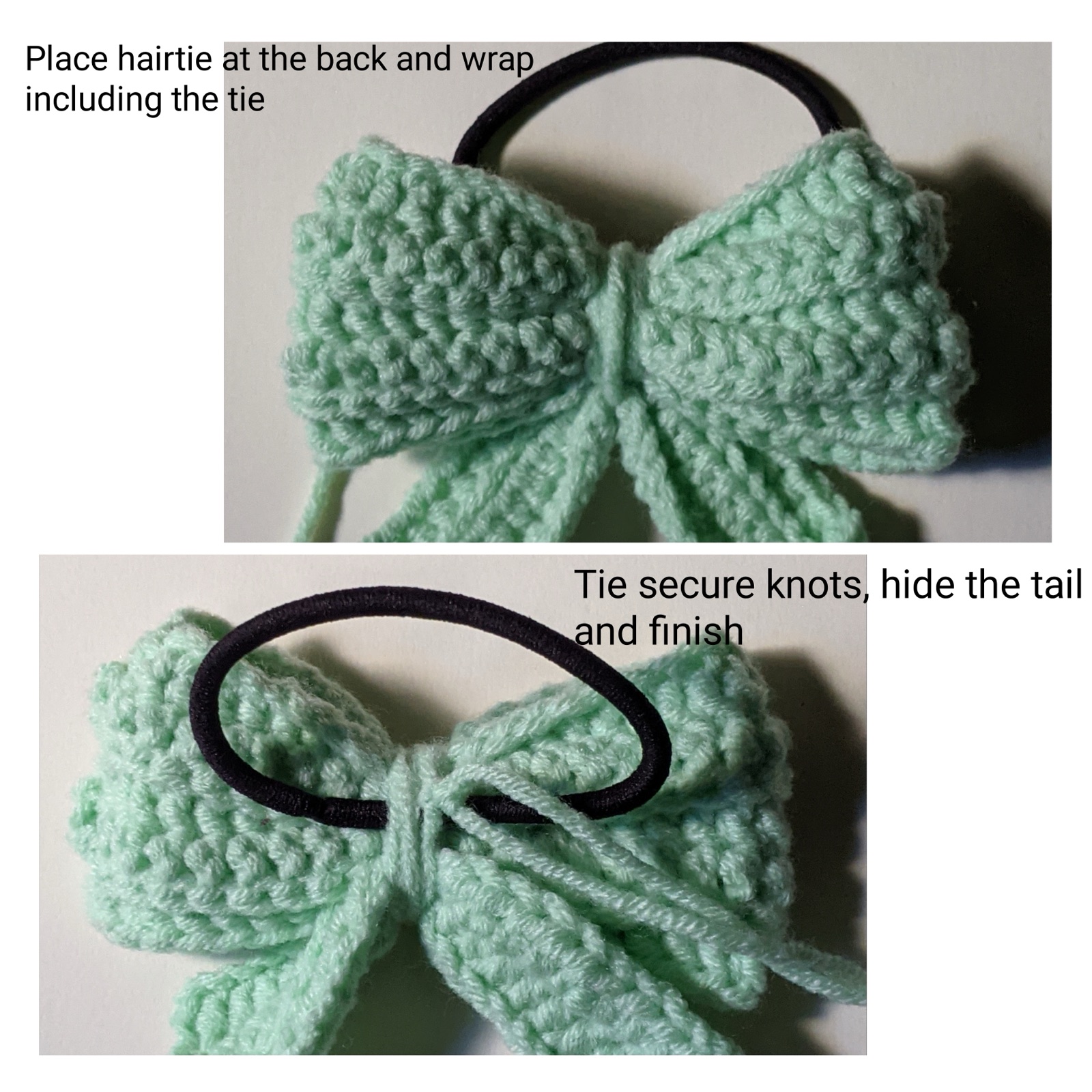 Two-panel guide showing how to place a black hair tie elastic at the back of the crocheted bow, wrap yarn around it, and tie secure knots to finish
