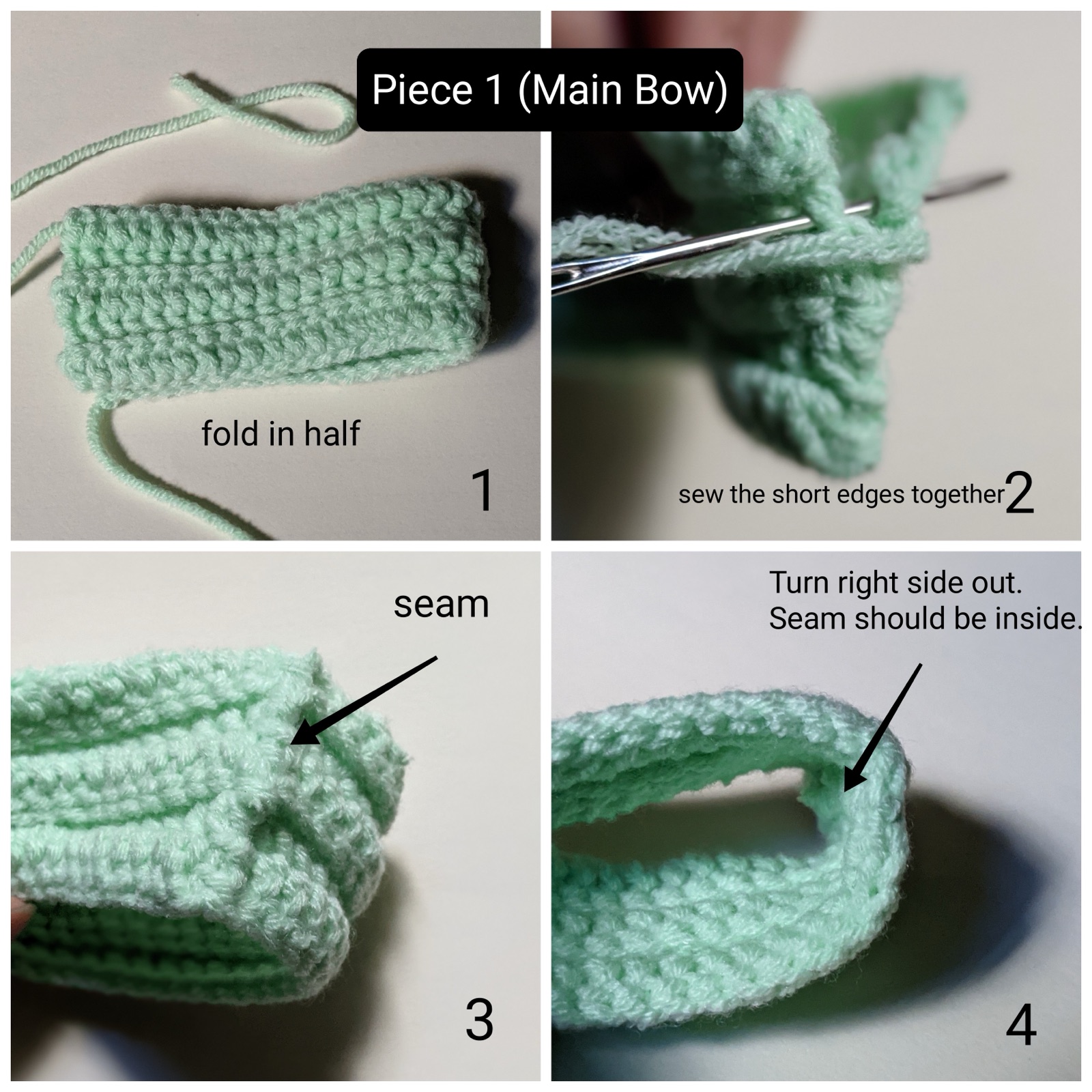 Four-panel guide showing how to fold the bow piece, sew the short edges, find the seam, and turn it right side out