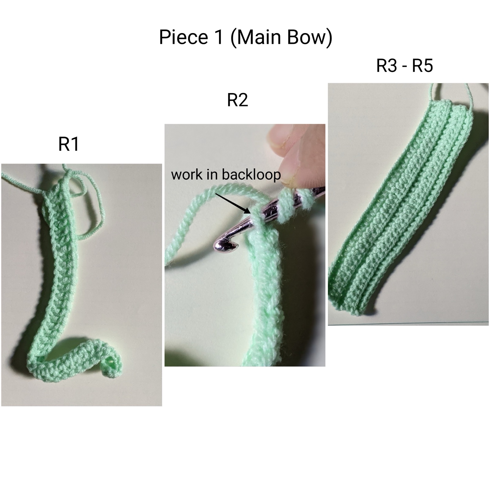Three-panel guide showing the main bow piece at row 1, row 2 in back loops only, and the finished strip
