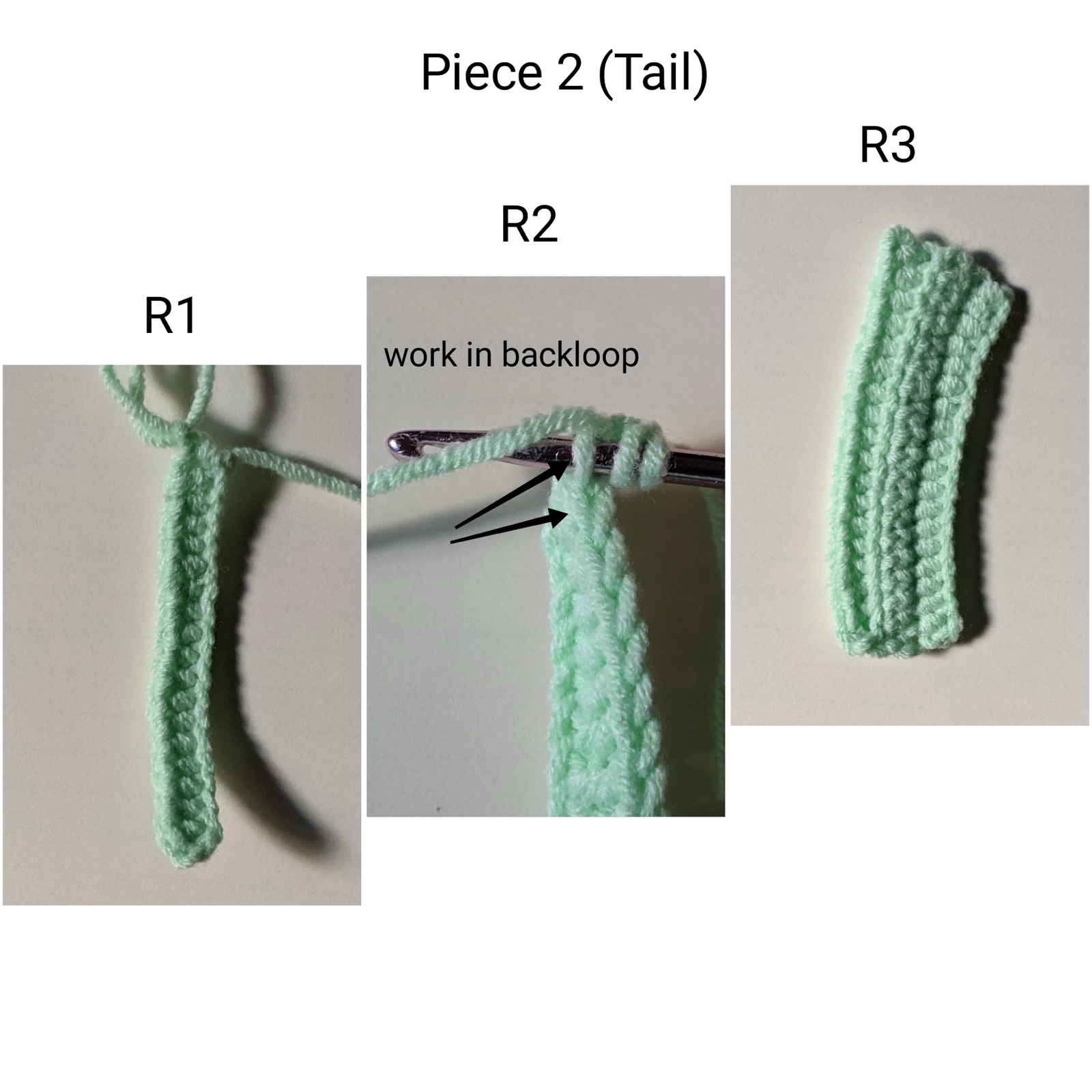 Three-panel guide showing the narrow tail piece at row 1, row 2 in back loops only, and the finished strip