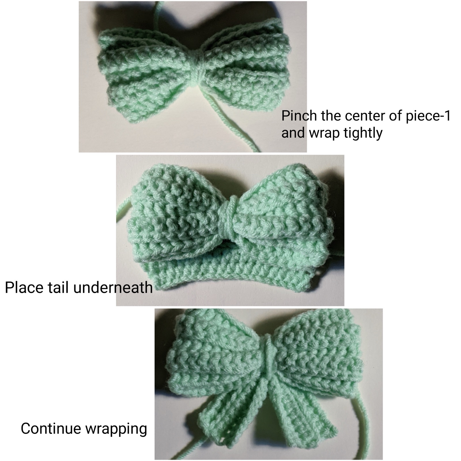 Three-panel guide showing how to pinch the bow center and wrap yarn tightly, then place the tail piece underneath and keep wrapping