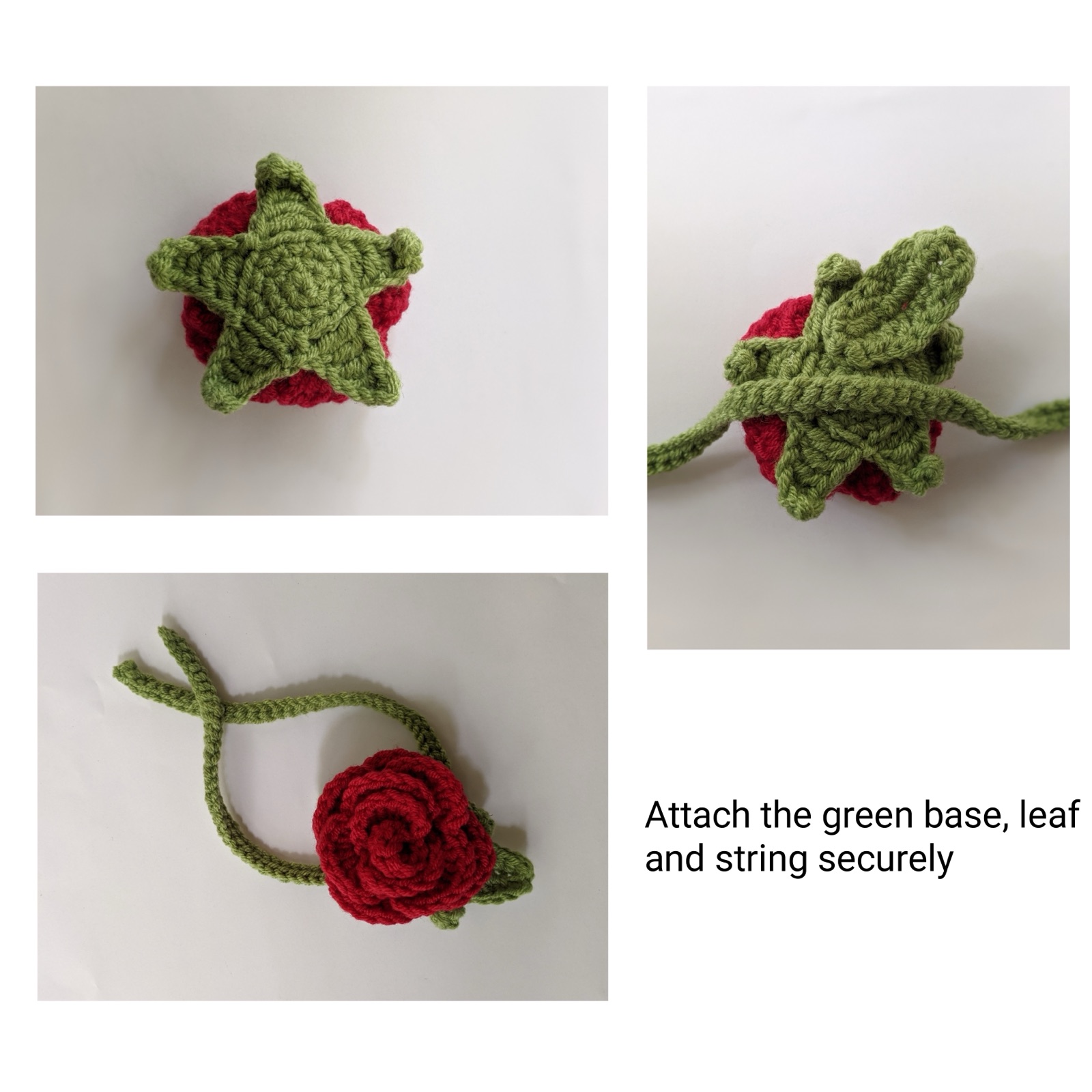 Three-panel photo guide showing how to attach the green star base on top of the rolled rose, then secure the leaf and tie string to finish the rose gajra