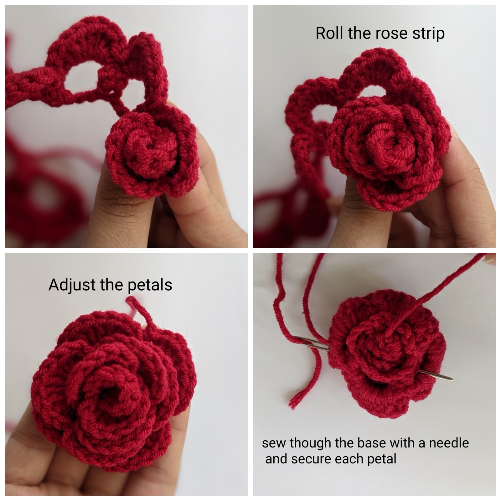 Four-panel photo guide showing how to roll the crocheted rose strip into a flower, adjust the petals, and sew through the base with a tapestry needle to secure each layer