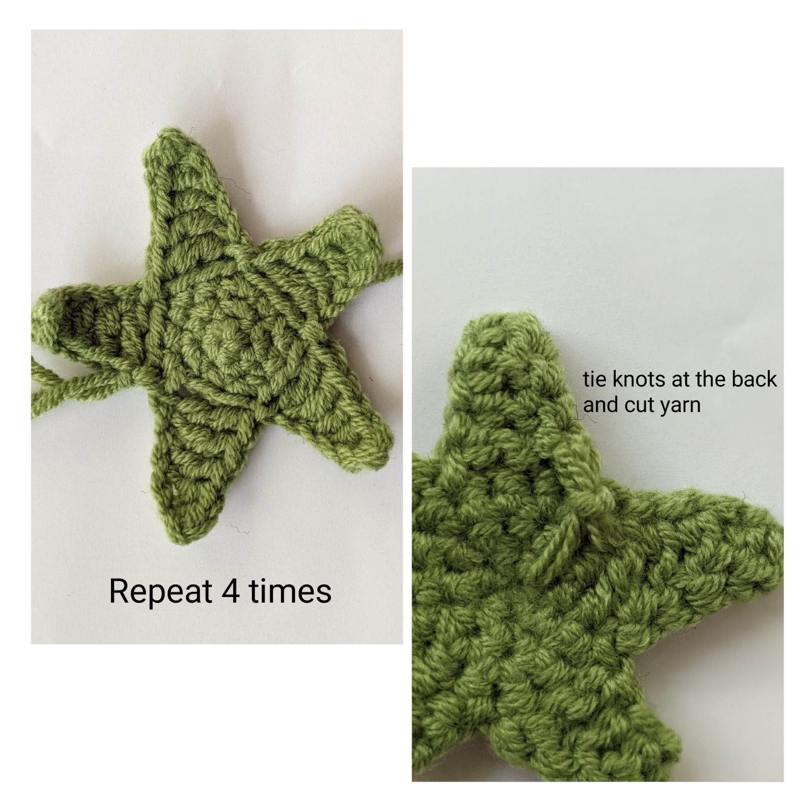 Two-panel close-up of the finished five-point green star base for the rose gajra crochet pattern with knots tied at the back