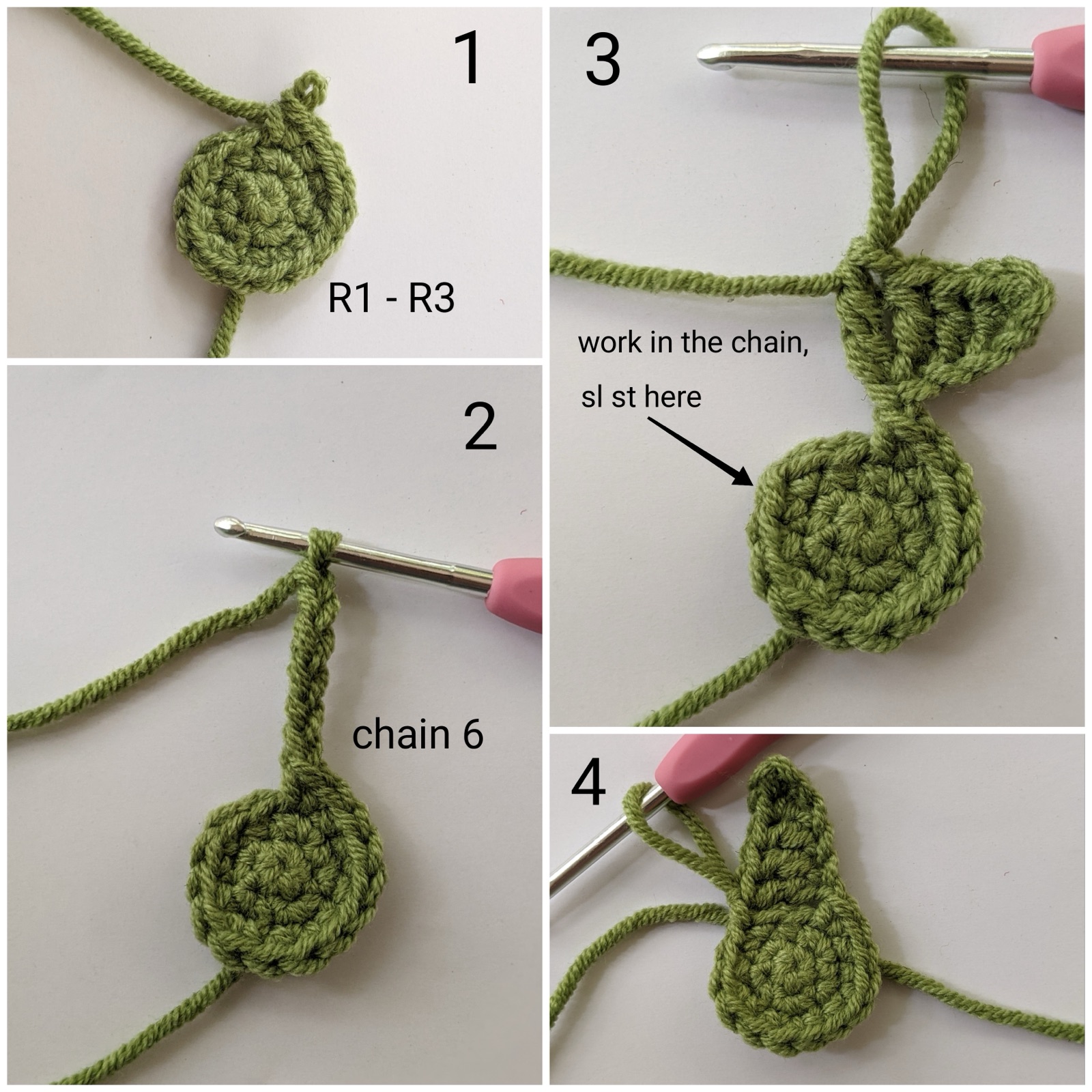 Four-panel guide showing the green base of a crocheted rose gajra at rounds 1 to 3, chaining 6 from the base, working back along the chain to form a leaf point, and the finished single point