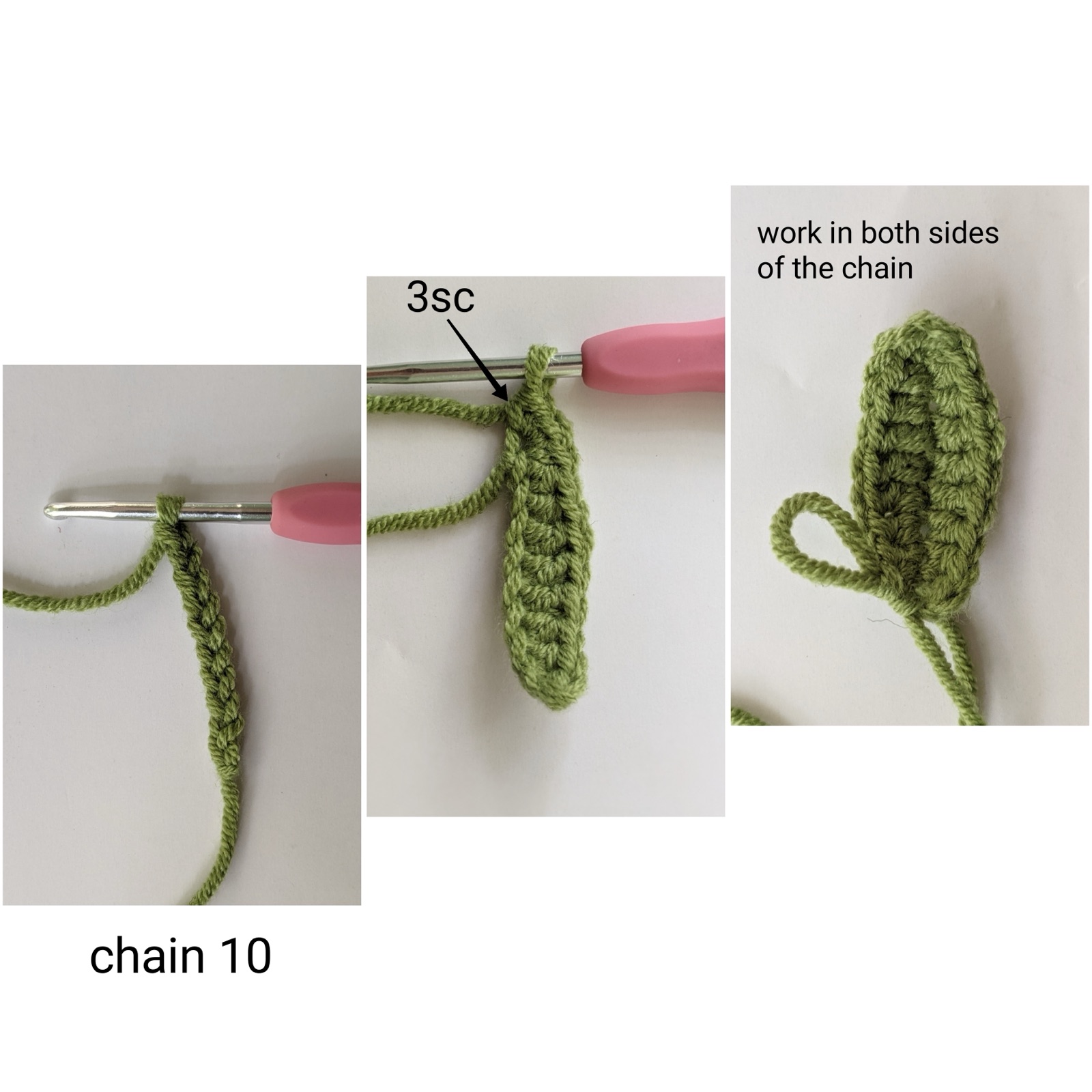 Three-panel photo guide showing how to crochet a small leaf for the rose gajra: chain 10, work three single crochets at the tip, then continue along both sides of the chain
