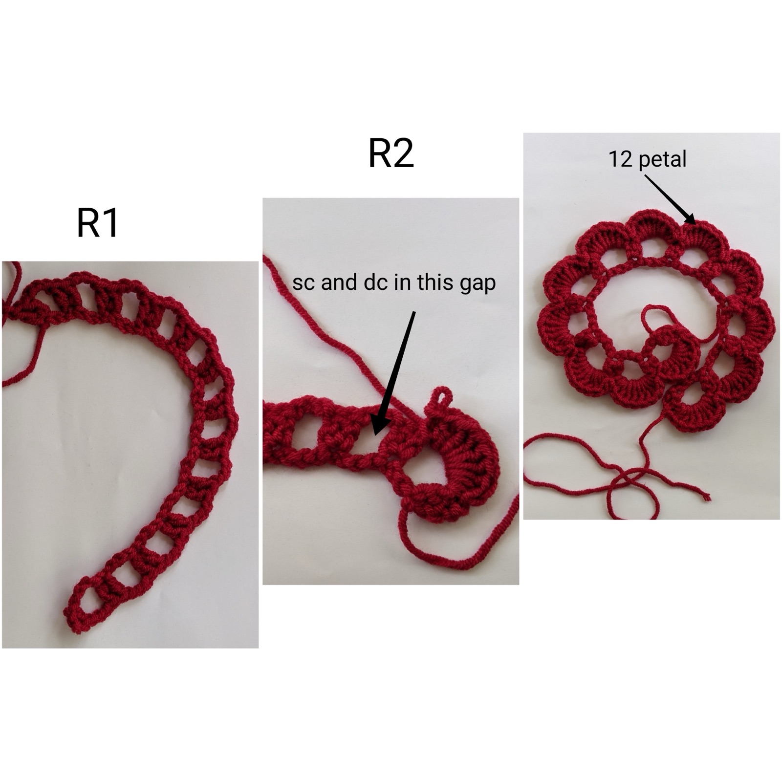 Three-panel photo guide showing the rose strip at row 1 with chain and double crochet posts, row 2 with petal clusters in each gap, and the finished 12-petal strip
