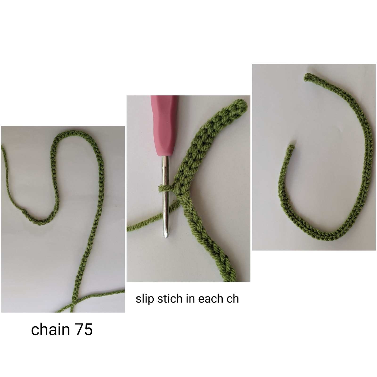 Three-panel photo guide showing how to crochet the green tie string for the rose gajra by chaining 75 and working a slip stitch in each chain