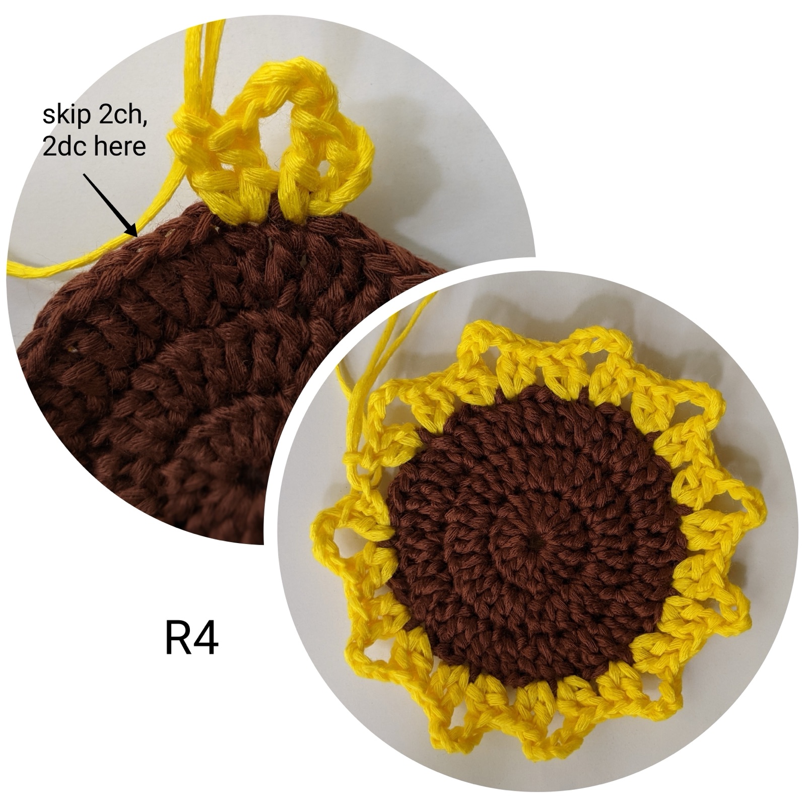 Two-panel close-up showing round 4 of the sunflower coaster: skipping 2 chains and working 2 double crochets to start the petal base, plus the finished round 4 with chain-3 spaces around the brown center