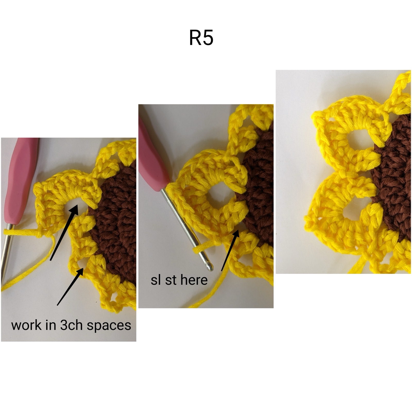 Three-panel guide showing round 5 of the sunflower coaster: working 5 double crochets in the chain-3 space, slip stitching into the next gap, and the resulting petal shape