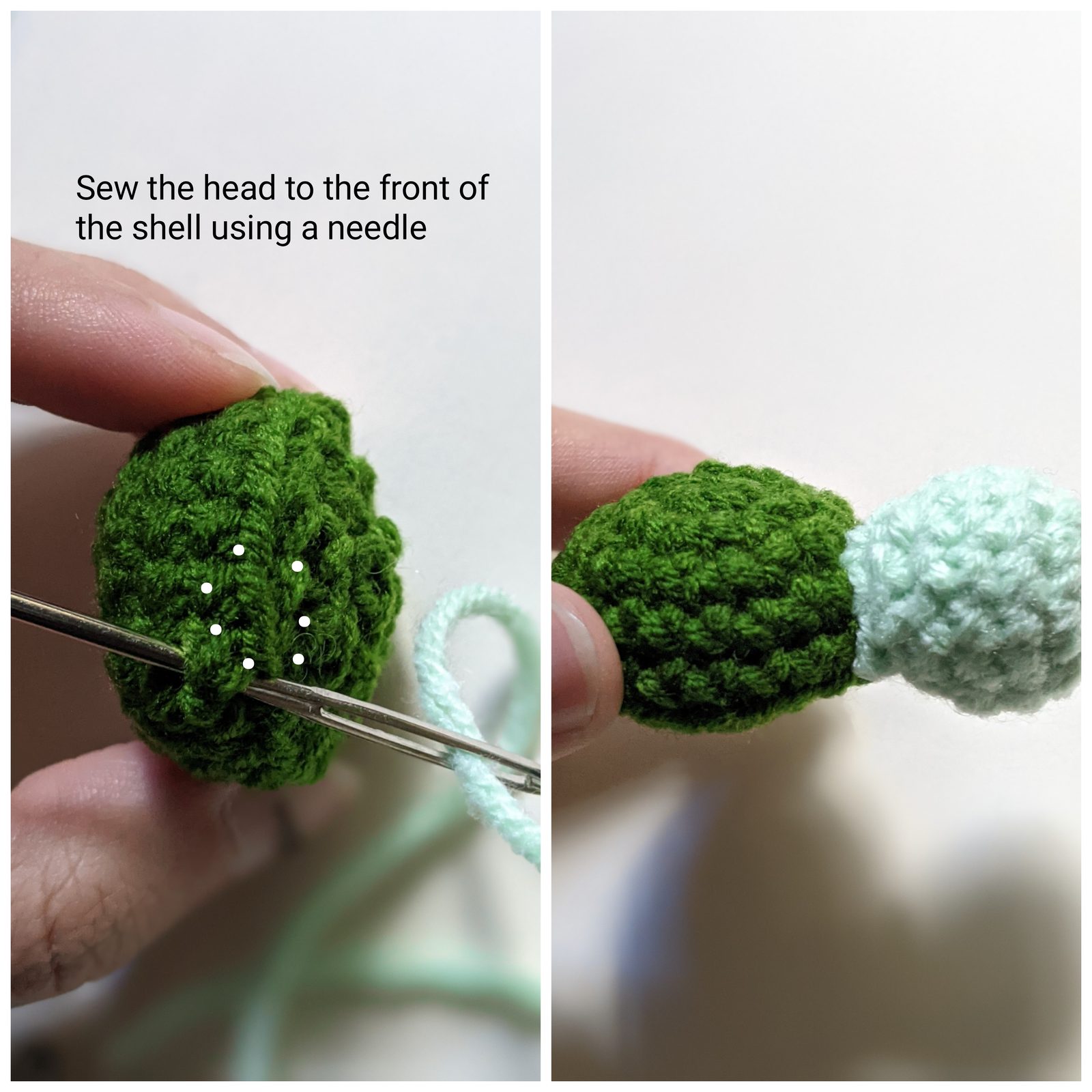 Two-panel image showing how to sew the mint green turtle head to the front of the dark green shell using a tapestry needle