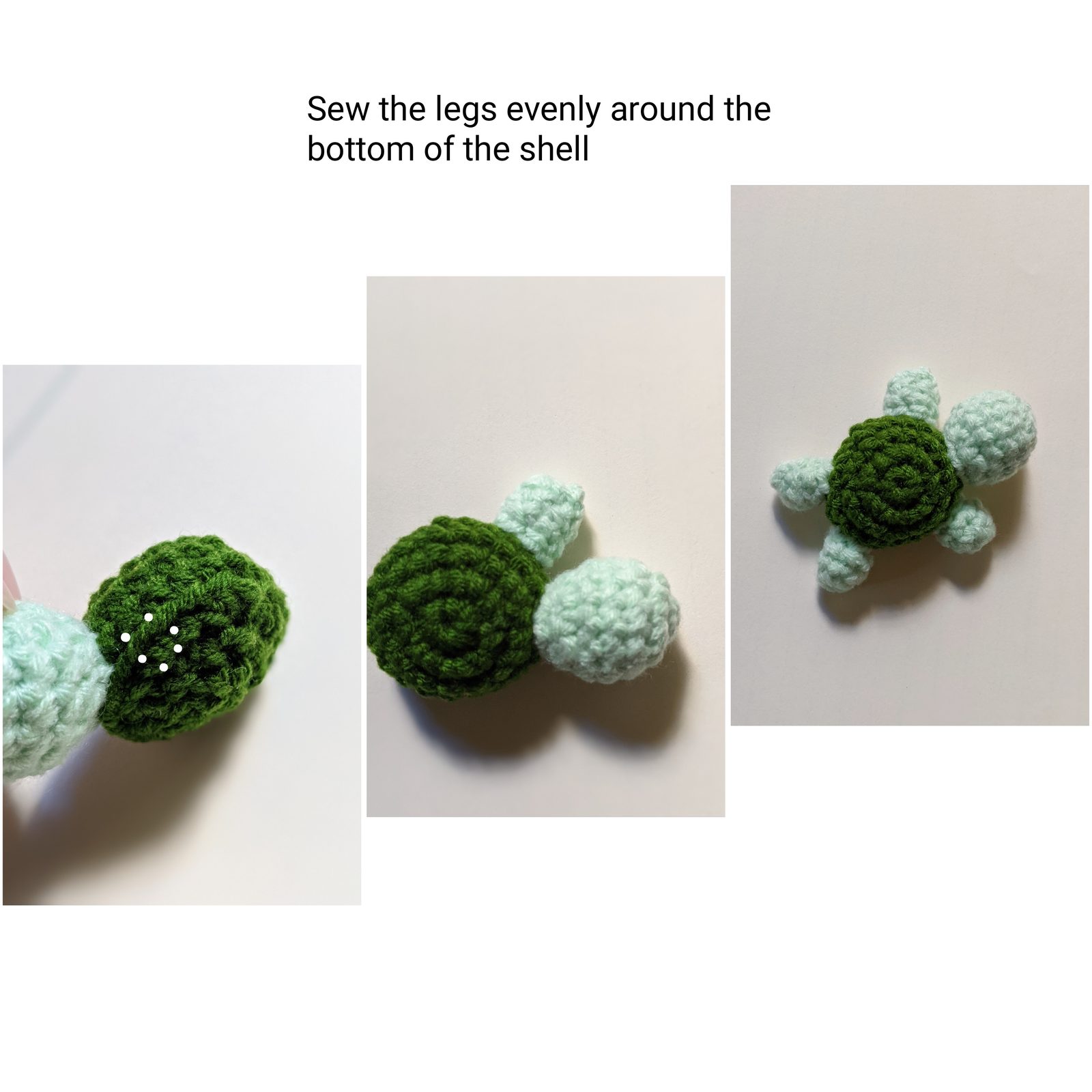 Three-panel progression showing how to sew four mint green legs evenly around the bottom of the shell