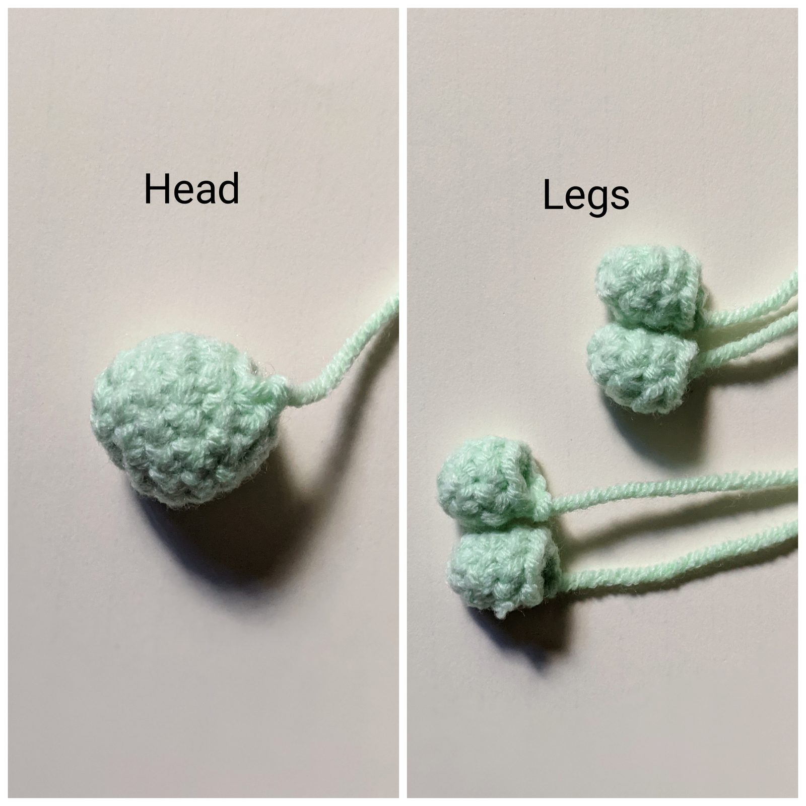 Crocheted mint green turtle head on left and four mint green leg pieces on right, labeled