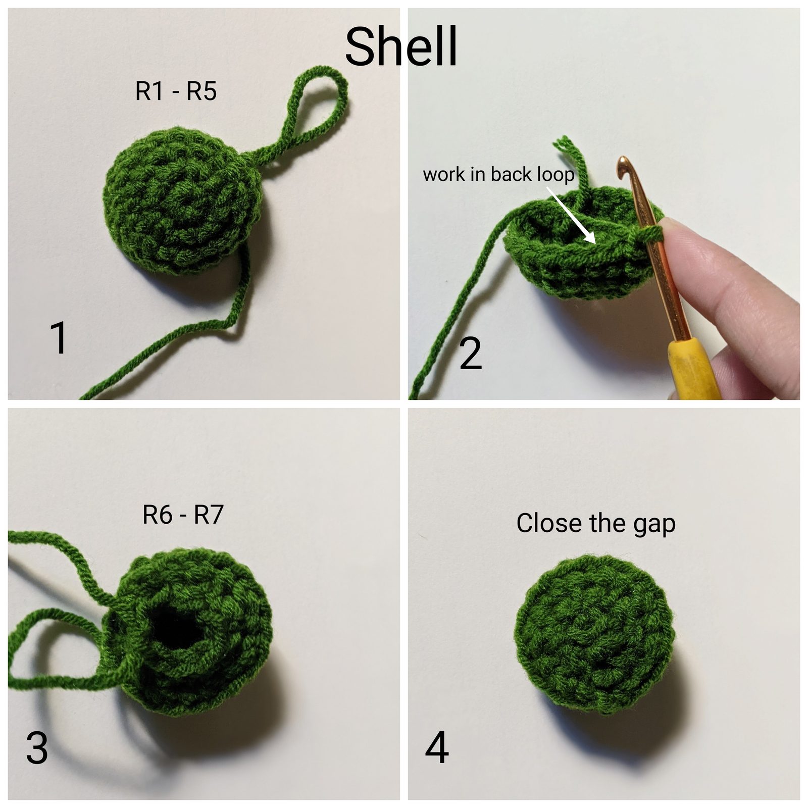 Finished dark green crocheted turtle shell shown on white background