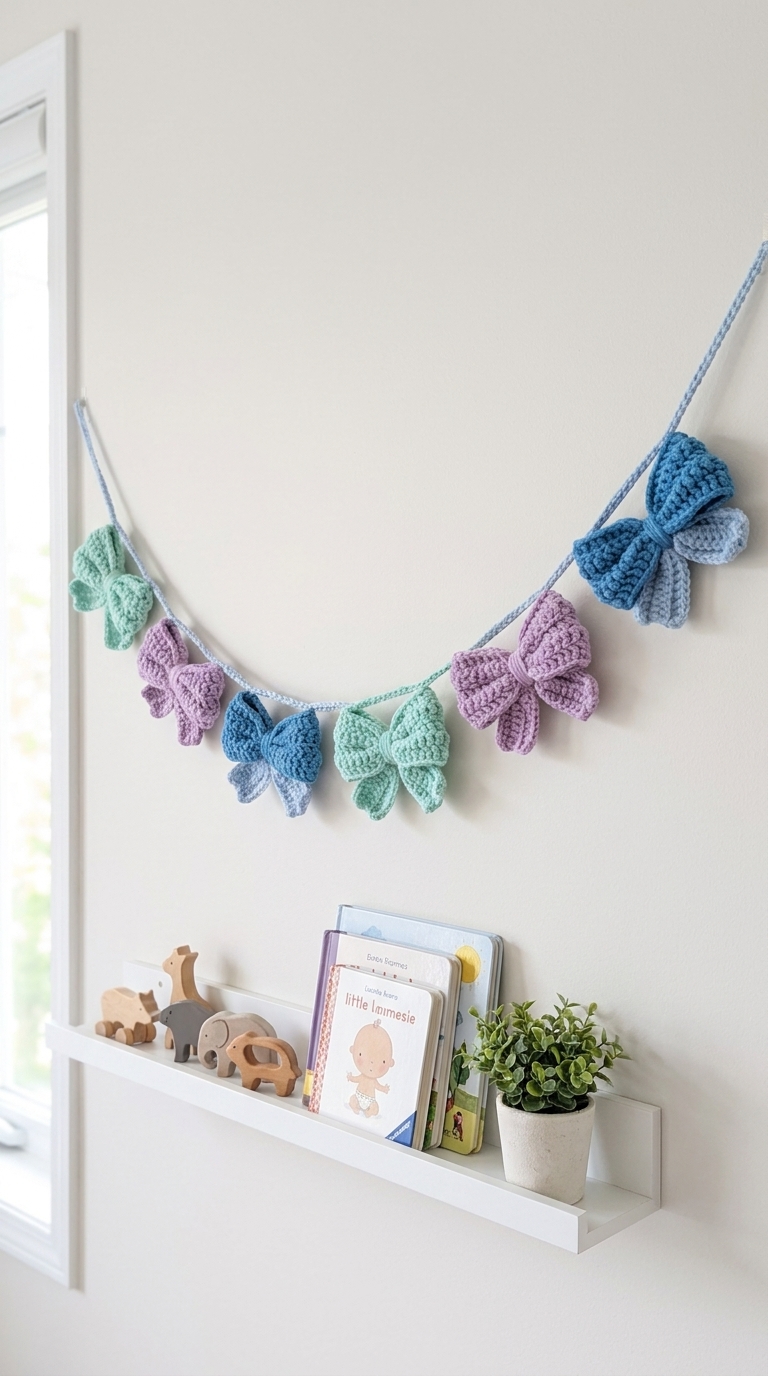 A garland of puffy crochet bows in blue, purple, and mint strung across a light nursery wall above a shelf of books and wooden toys