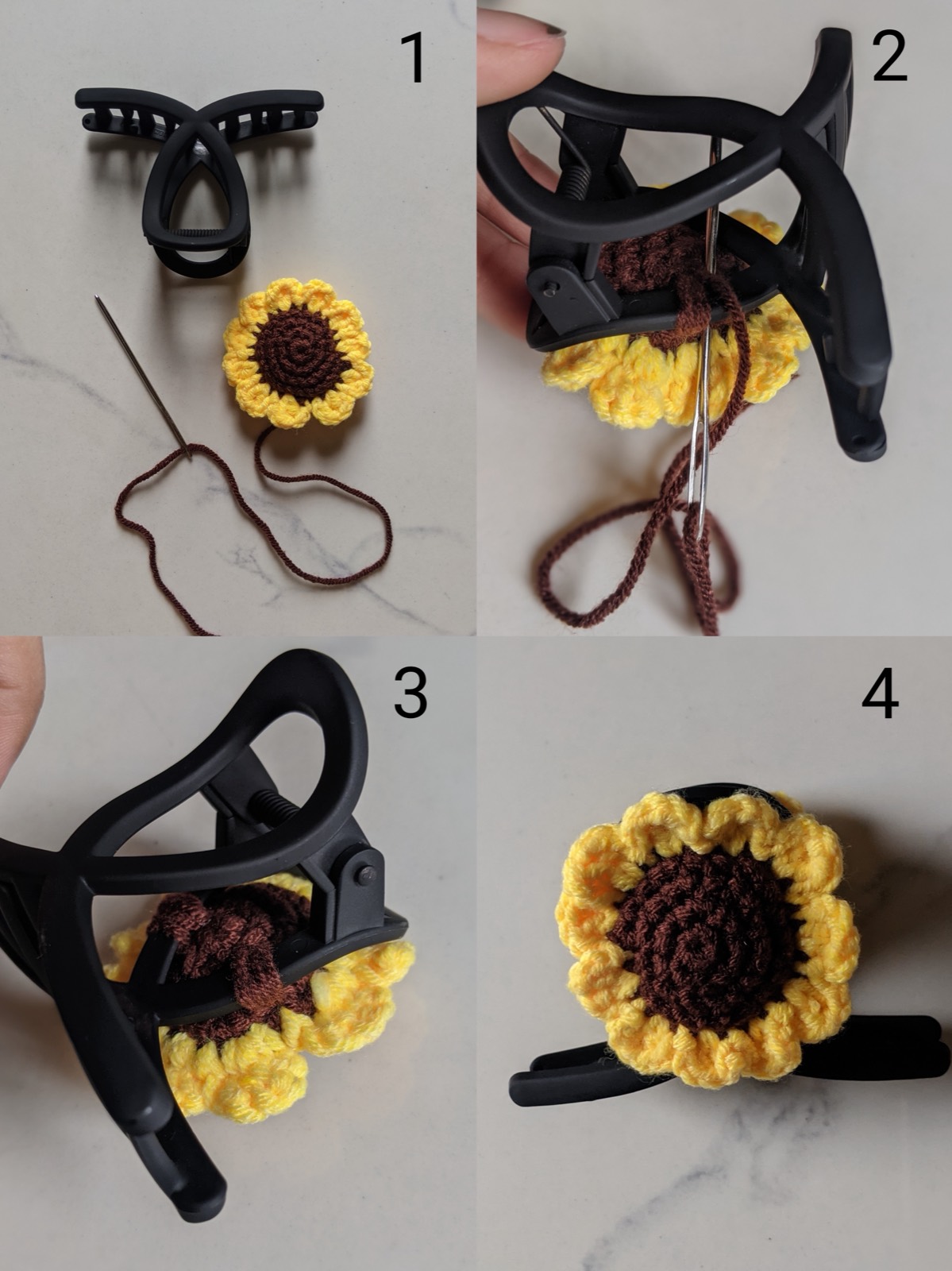 Four-panel assembly photo: the finished sunflower next to an open black claw clip, then the flower being sewn onto one paddle of the clip with brown yarn, and the finished clip