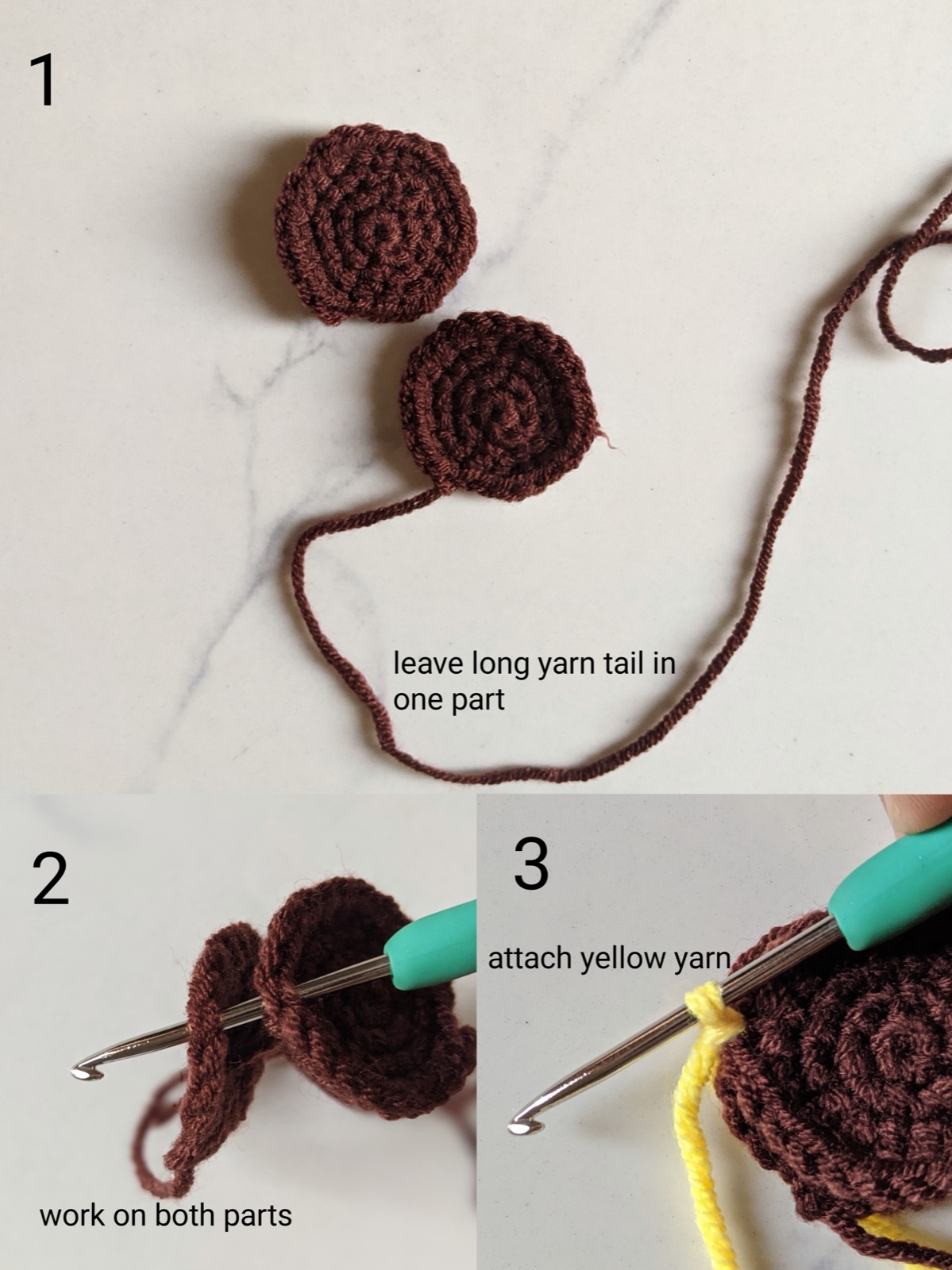 Step photo showing two dark brown crocheted center discs, one with a long yarn tail left for sewing, plus working both pieces together on the hook