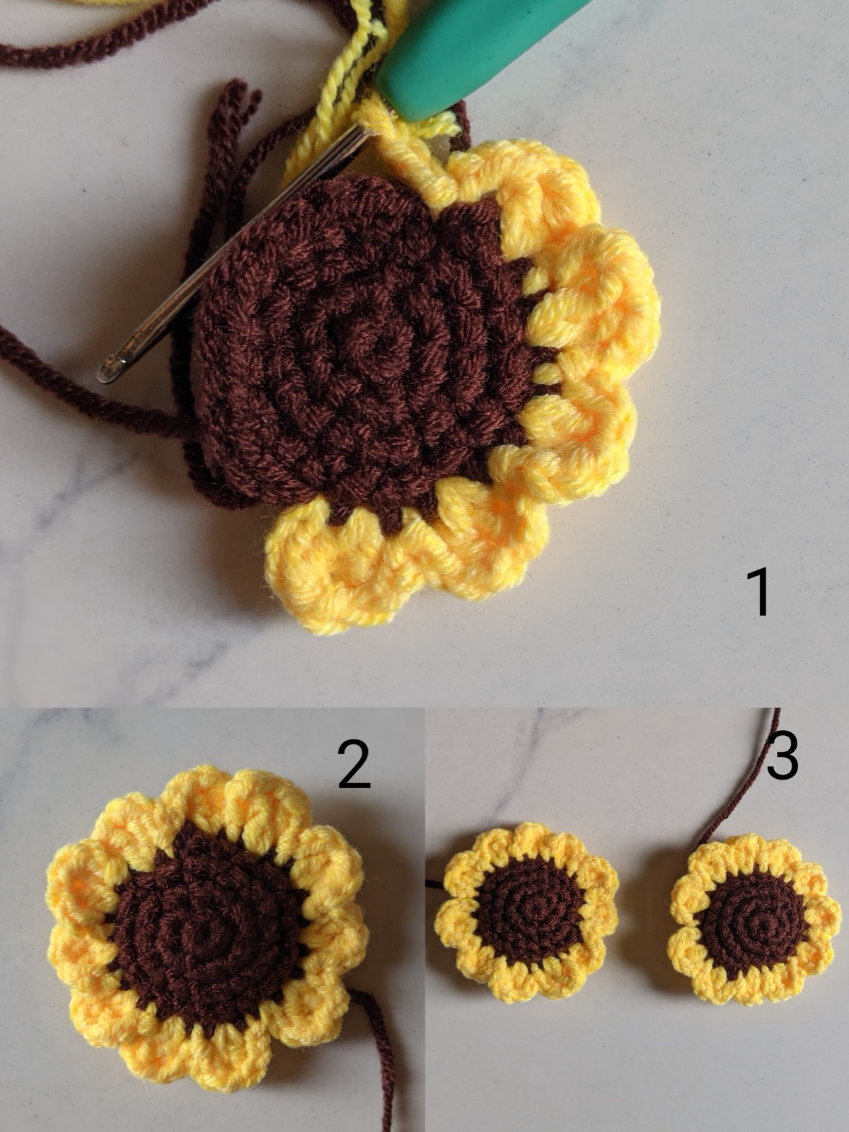 Step photo of the yellow petal round being worked around the joined brown centers, with progress shots showing the petals forming and two finished mini sunflowers
