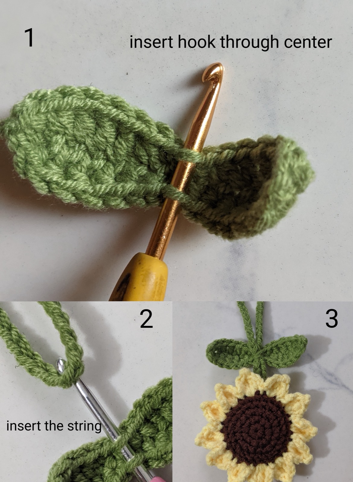Threading the stem through a leaf and adjusting its position on the crochet sunflower