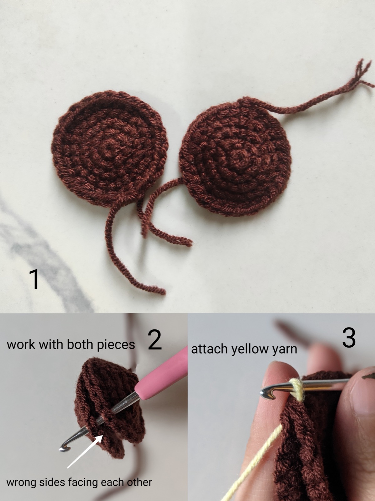 Two dark brown crocheted center discs worked in a spiral for the sunflower
