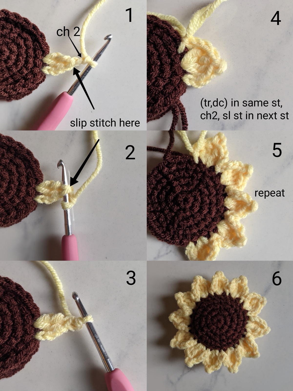 The yellow treble petal round being worked around the joined brown sunflower centers