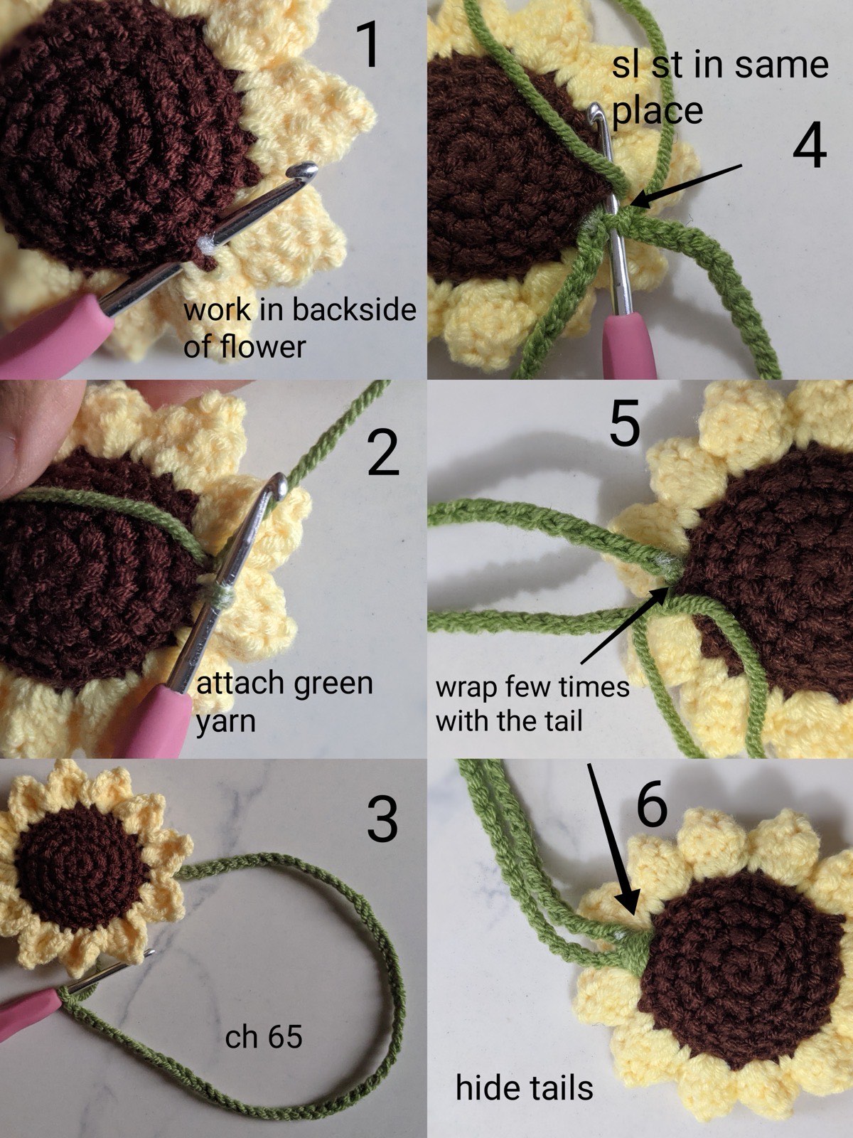 Green crocheted hanging cord chained and attached to the back of the crochet sunflower
