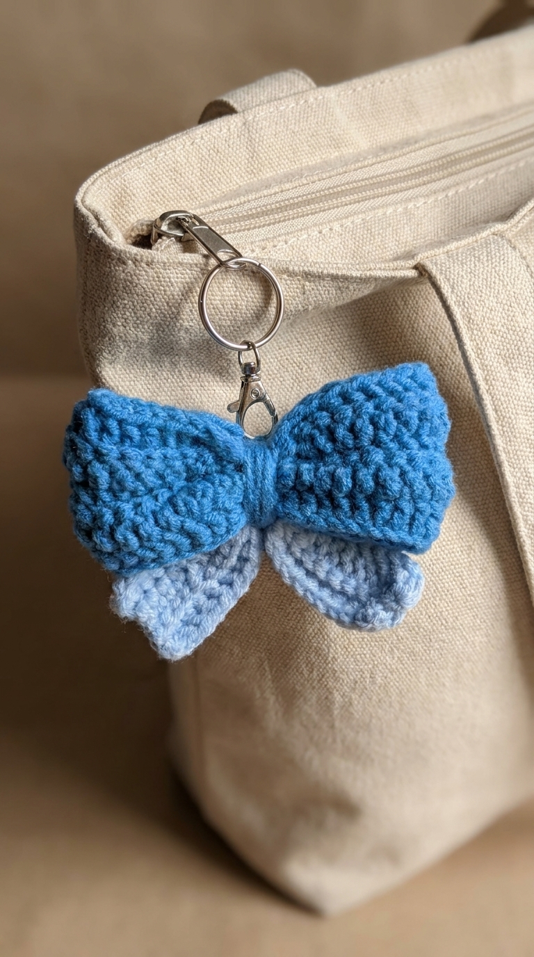 A puffy blue and light-blue crochet bow clipped by a silver split ring and swivel clasp onto the zipper of a beige canvas tote bag
