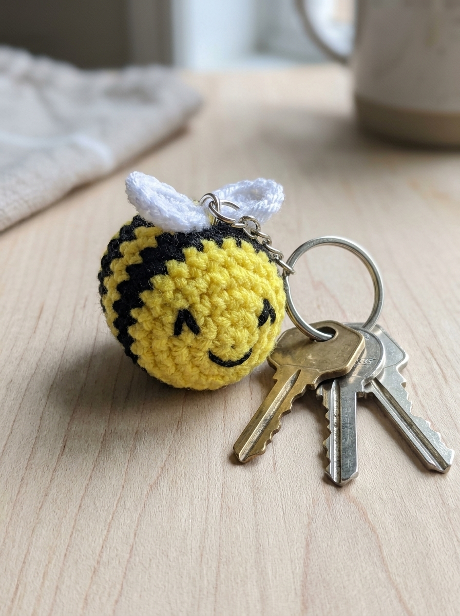 Crochet bumble bee keychain on a silver keyring with house keys