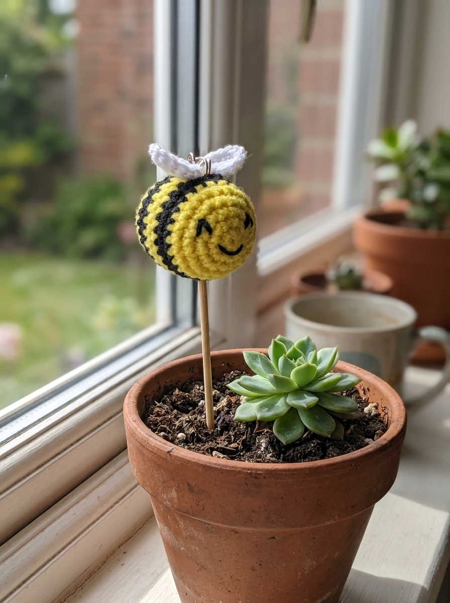 Crochet bumble bee plant pot pick standing in a small succulent pot