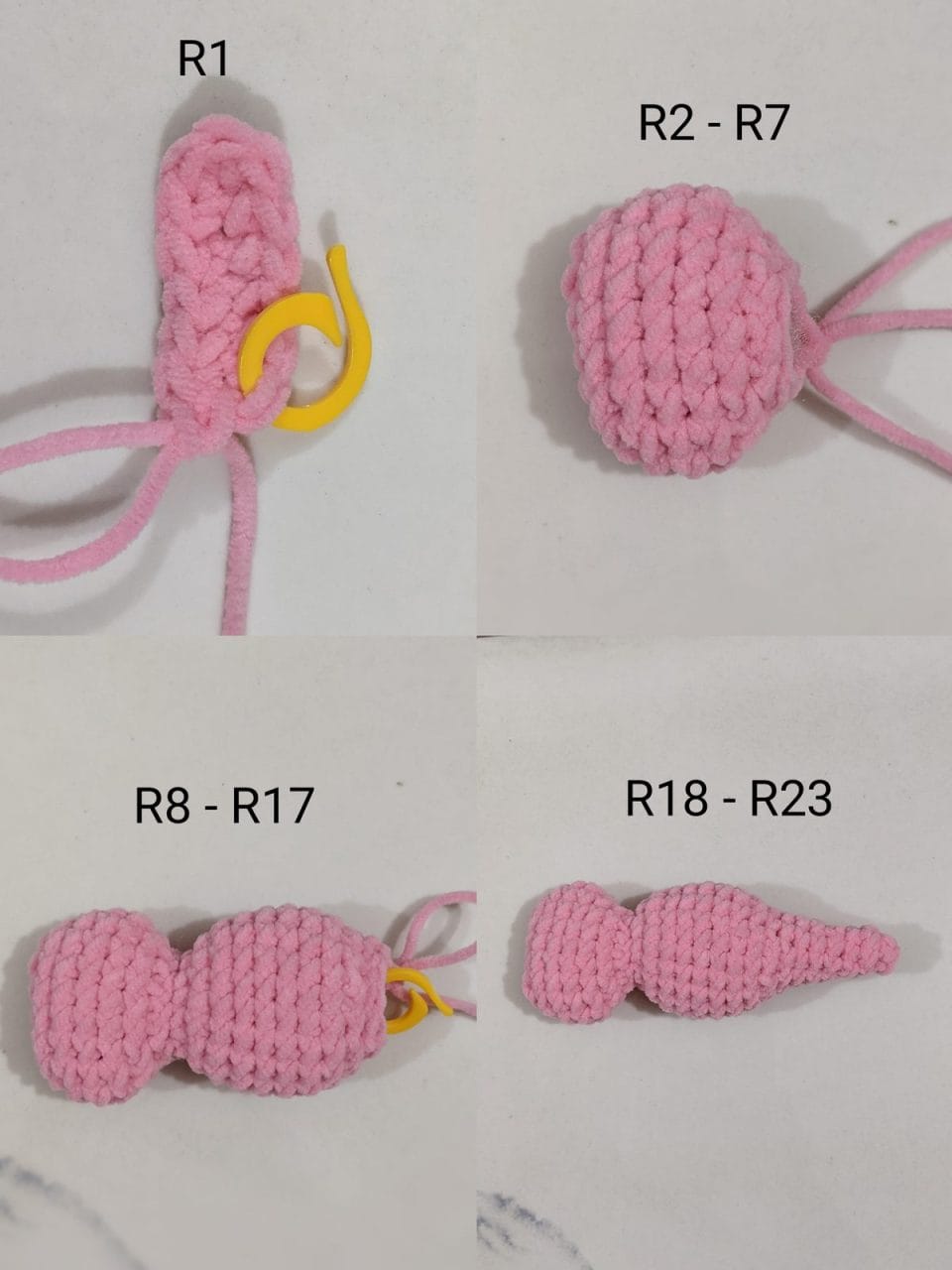 Crochet axolotl body worked in one continuous piece from head through body to tail, showing rounds R1 to R23