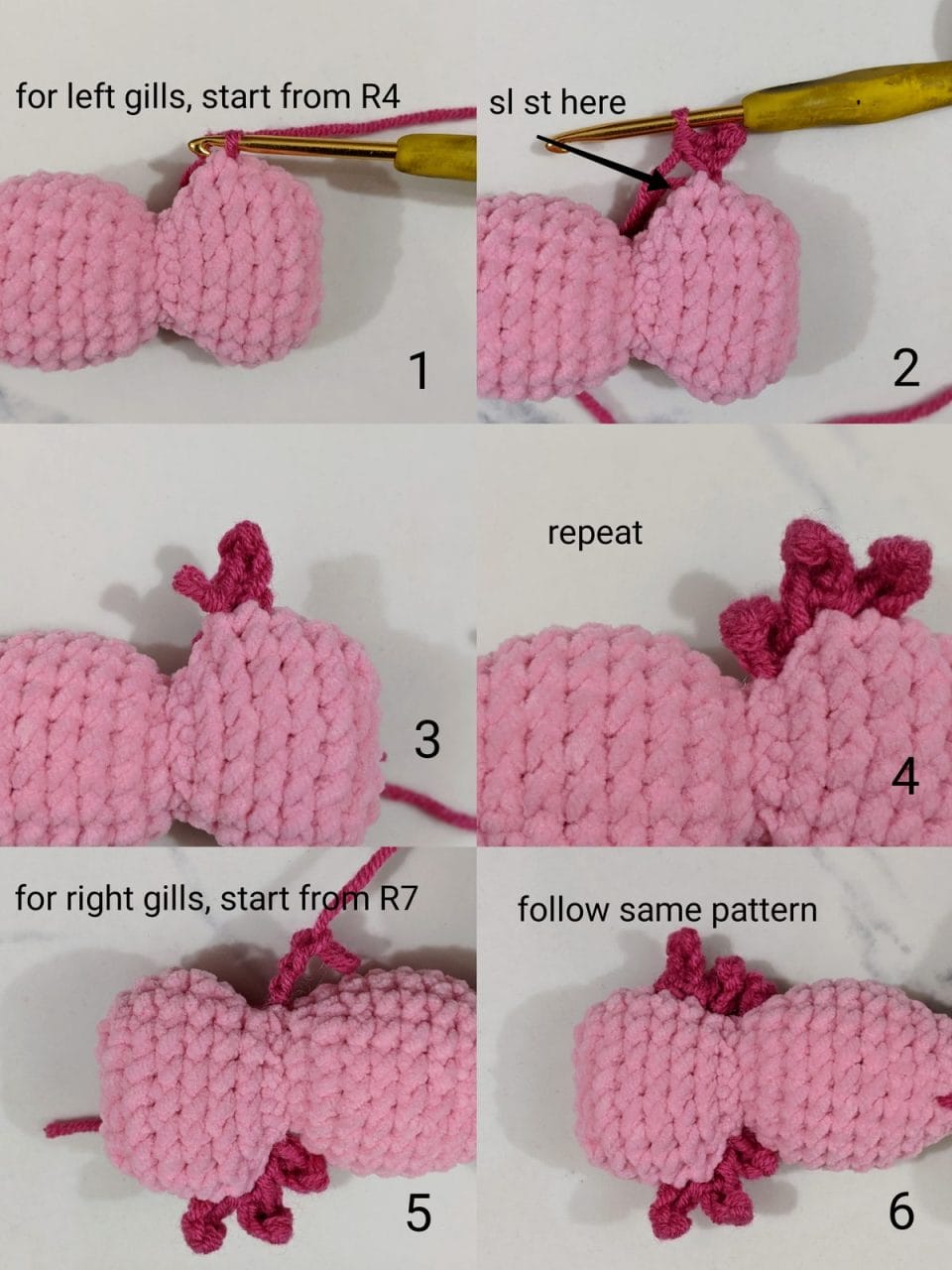 Dark pink frilly gills worked directly into the side of the crochet axolotl head