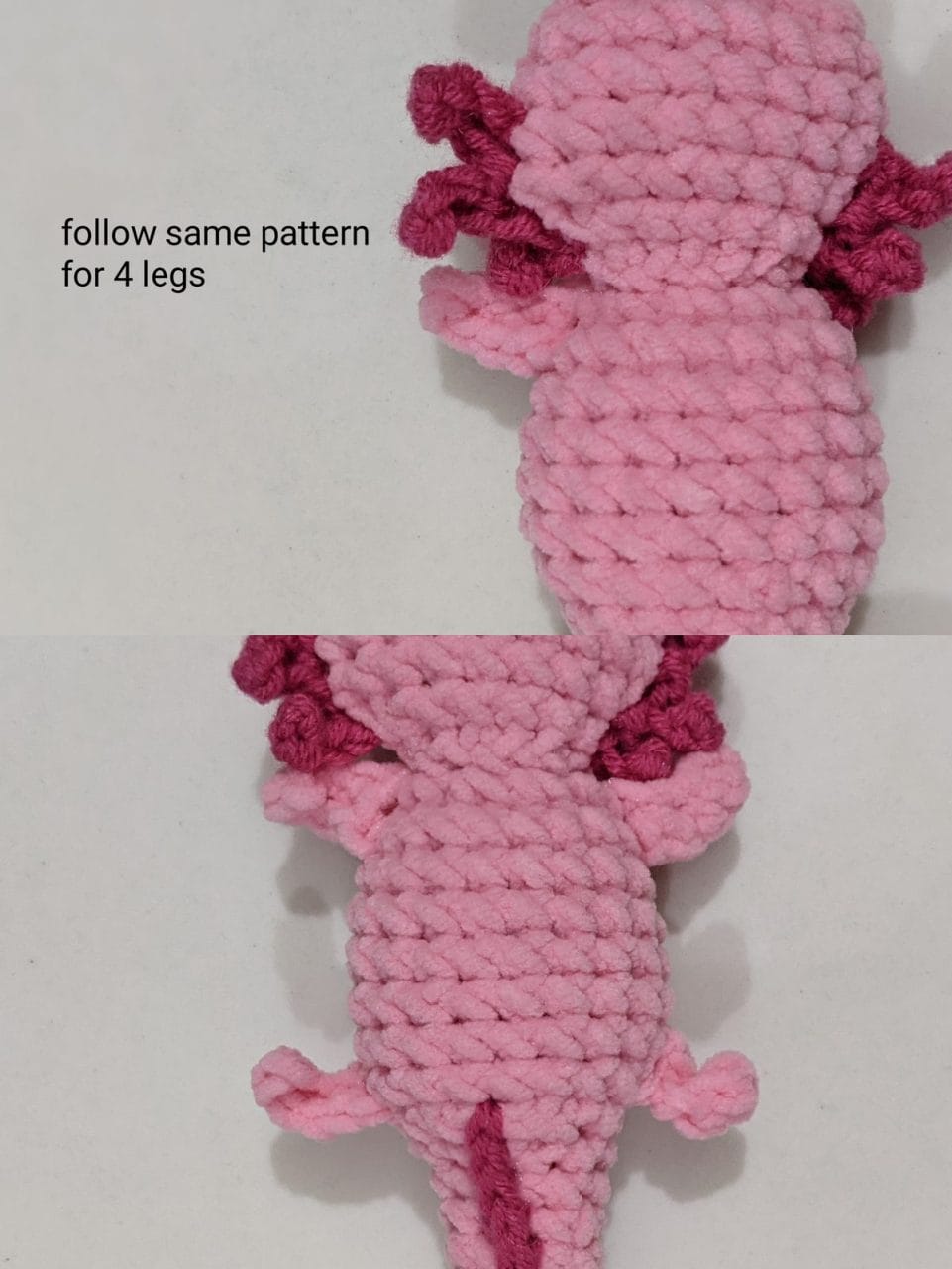Four small chain-stitch legs worked directly onto the underside of the crochet axolotl body