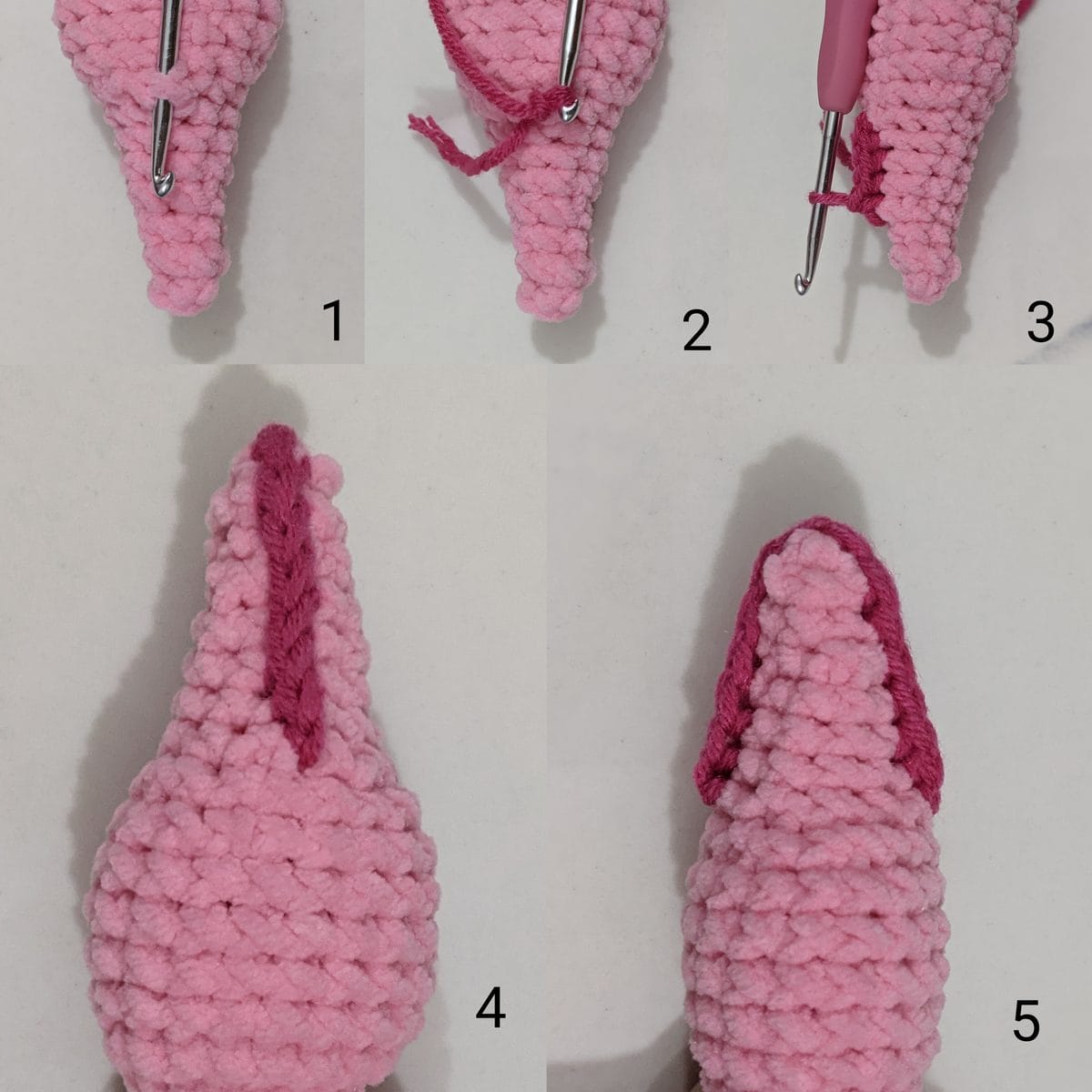 Dark pink surface single crochet fin worked along the top edge of the axolotl tail