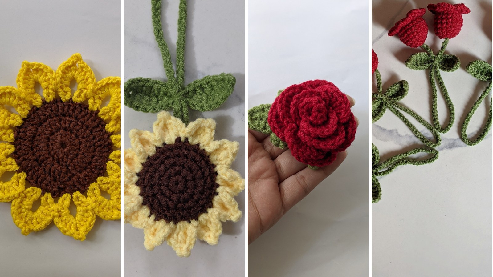 Four crochet flowers made from free patterns: a yellow sunflower coaster, a pale yellow sunflower bag charm, a red rolled rose held in a hand, and red lily of the valley charms