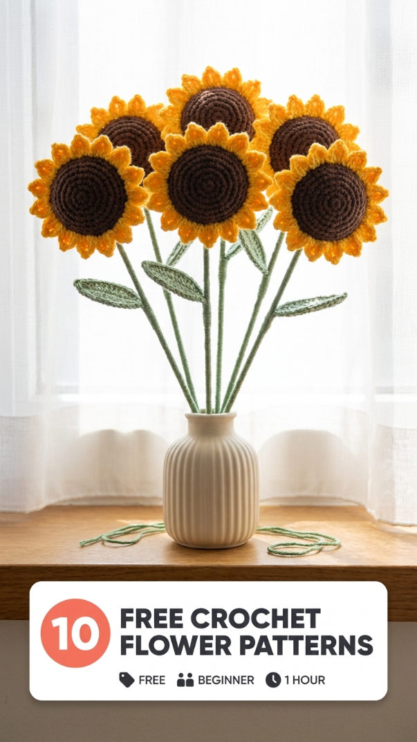 Four crochet flowers made from free patterns: a yellow sunflower coaster, a pale yellow sunflower bag charm, a red rolled rose held in a hand, and red lily of the valley charms