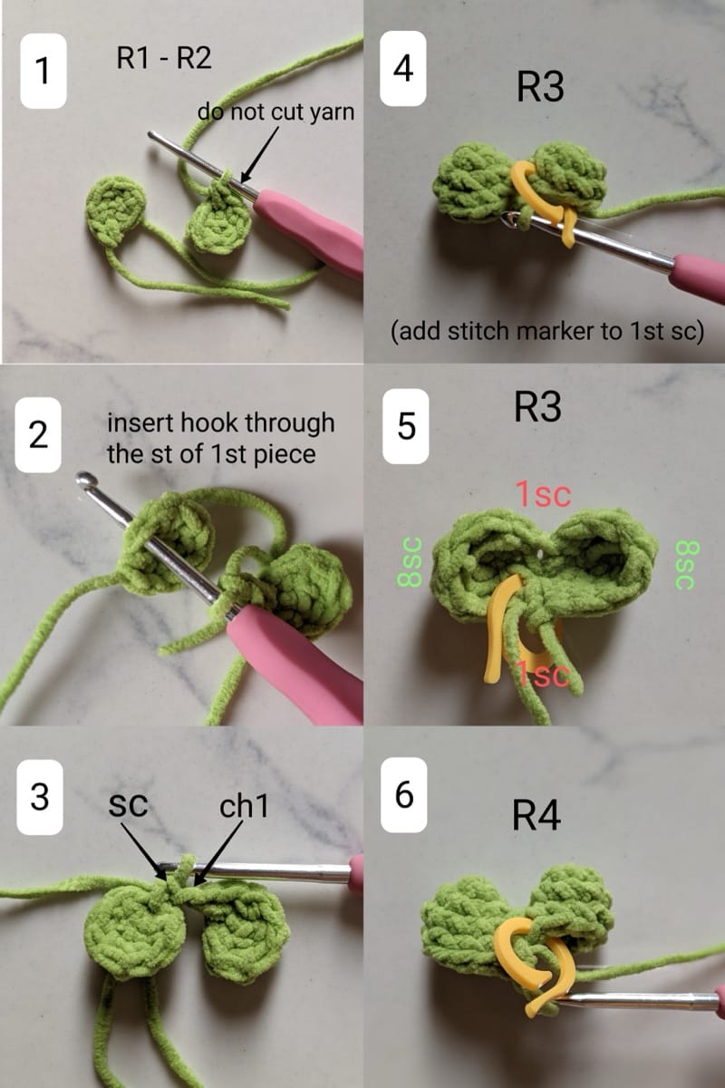 Step-by-step photos crocheting the leggy frog body, making two eye bumps and joining them into one tube
