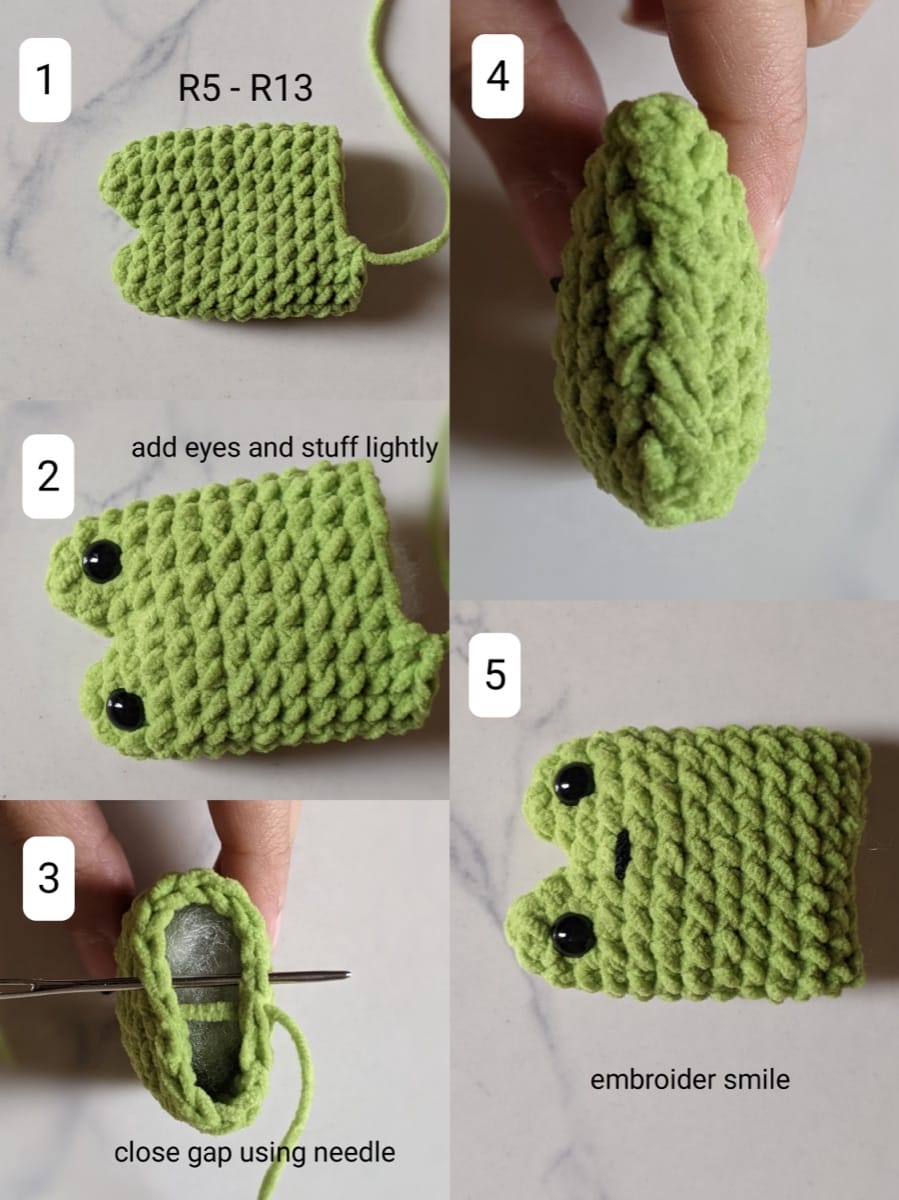 Step-by-step photos adding safety eyes between rounds 3 and 4, stuffing the frog body and embroidering a small smile