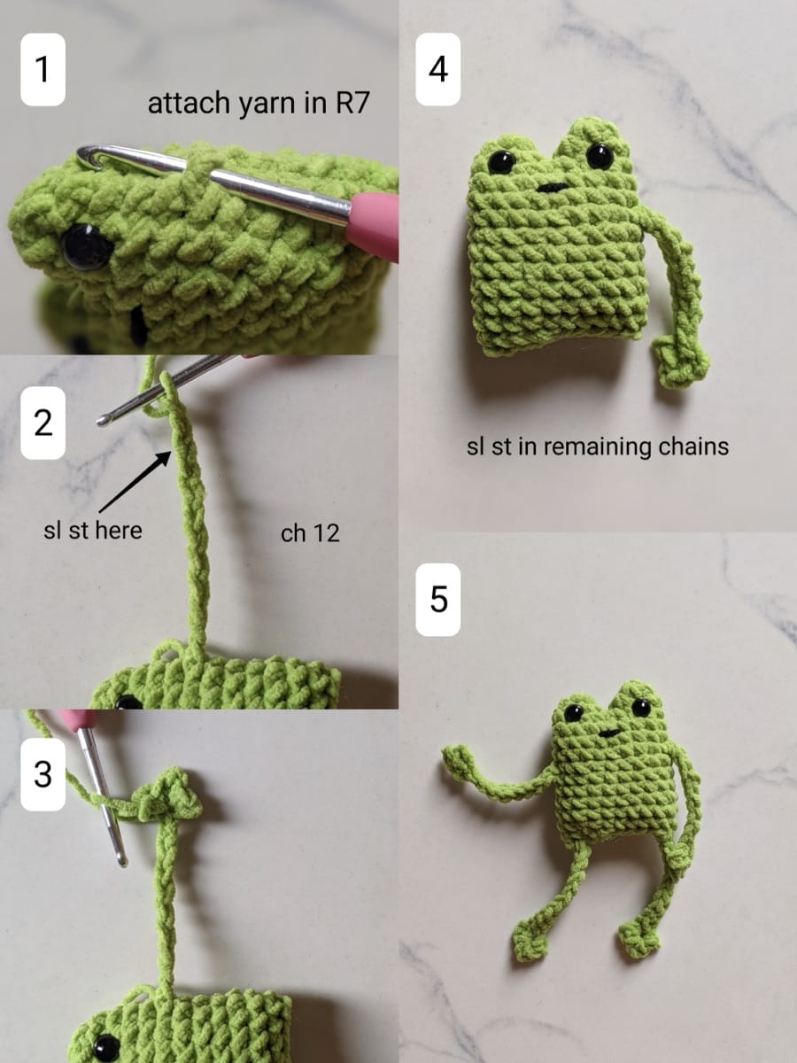 Step-by-step photos crocheting the long floppy chain arms and legs of the leggy frog onto the body