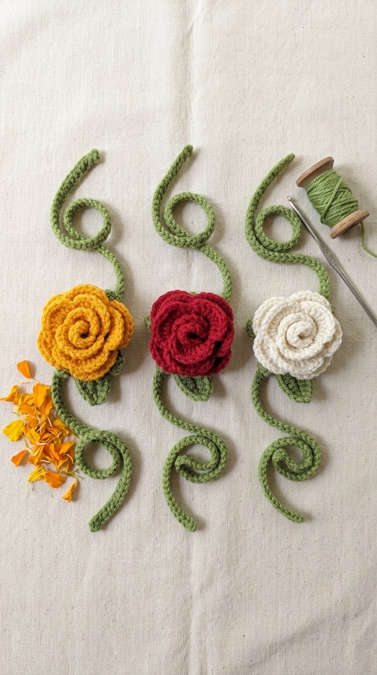 Three crochet rose gajras in marigold, red, and ivory laid in a row on cream linen showing the haldi, wedding, and bridal colorways