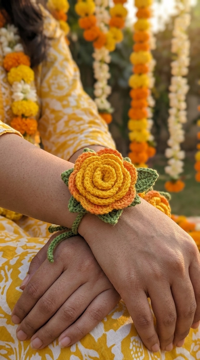 Marigold and orange crochet rose gajra worn on the wrist at a haldi ceremony with marigold flower garlands in the background