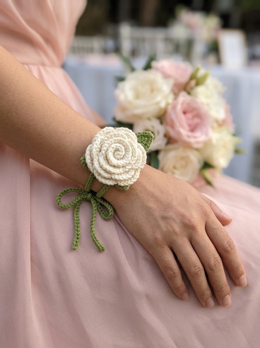 Ivory crochet rose wrist corsage with a green tie bow worn over a blush bridesmaid dress with a wedding bouquet in the background