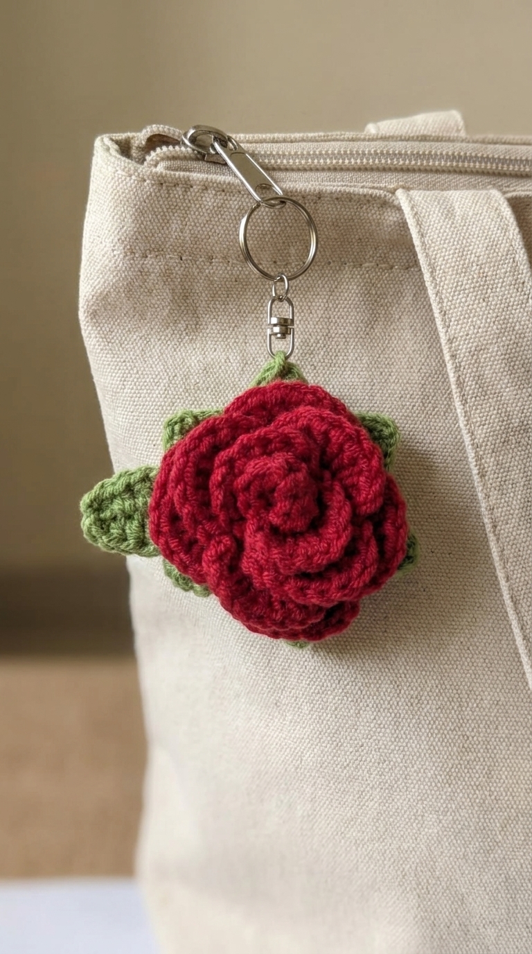 A crocheted red rose with green leaves finished as a keychain on a silver split ring and swivel clasp, clipped to a beige canvas tote bag zipper