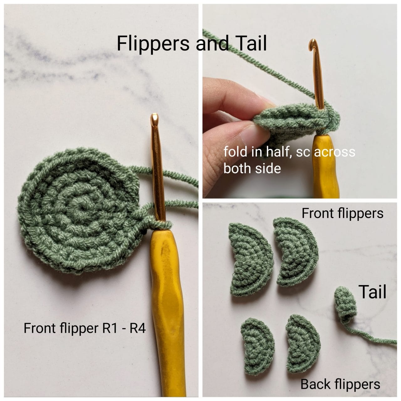Two front flippers, two back flippers and a small tail in light green yarn